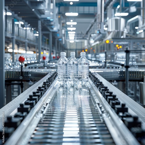 Three water bottles placed in a row on a fast-paced industrial assembly line, showcasing systematic production and modern technology in a high-efficiency environment.