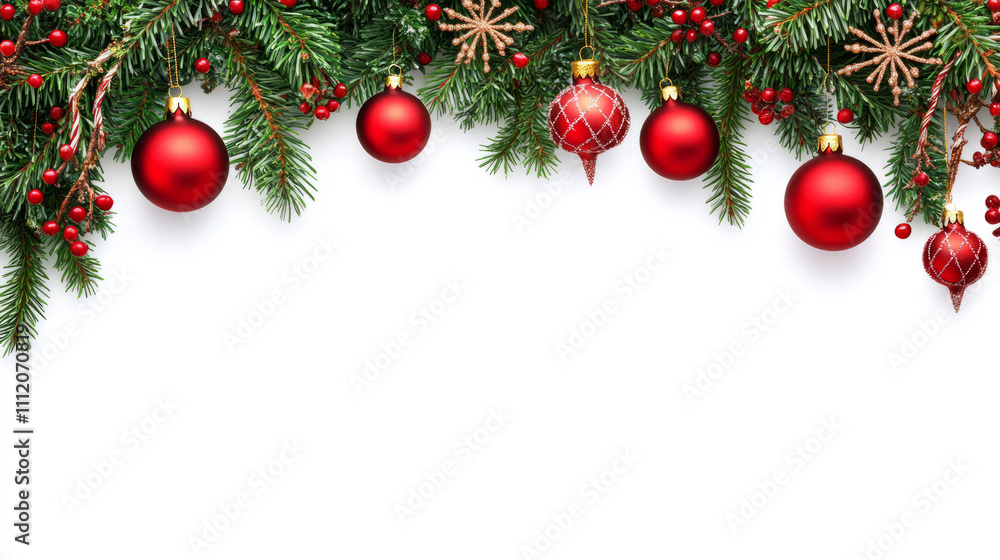Christmas garland isolated on white background. New Year's decor in the form of green fir branches, balls, cones, stars. Holiday concept. Layout. Christmas garland isolated on white background. New Year's decor in the form of green fir branches, balls, cones, stars. Holiday concept. Layout.