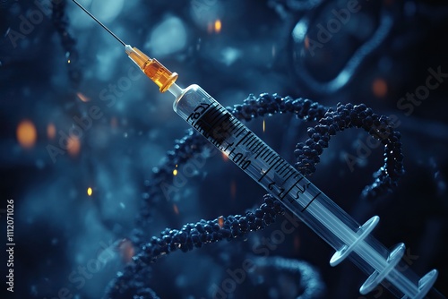 Close-up of a syringe surrounded by colorful virus particles, symbolizing vaccination and pandemic prevention. AI generated image photo