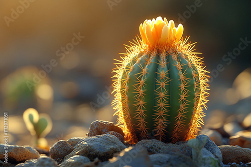 Golden Sunset Illuminates Blooming Cactus In Rocky Terrain photo