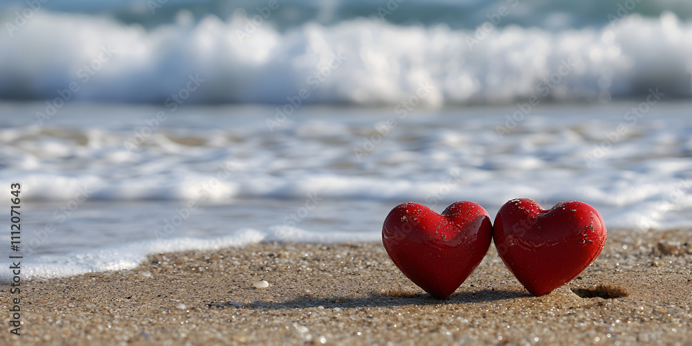 Fototapeta premium Two Red Hearts on Pebble Beach with Ocean Waves