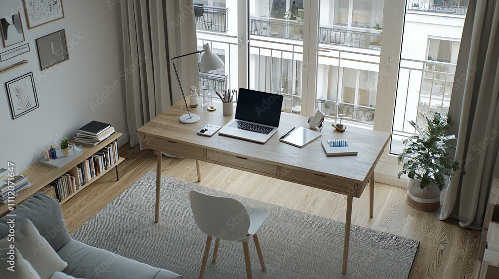 Minimalistic home office setup with laptop, notebook, and plant in natural light.