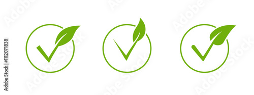 A clean vector icon featuring a green leaf and check mark, representing renewable energy, sustainable agriculture, and environmentally conscious products for health and nutrition.
