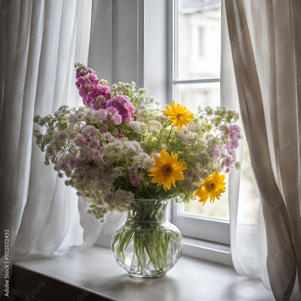 Still Life of Summer Flowers in Elegant Vase by Open Window with Windblown Curtains
Still Life of Summer Flowers in Elegant Vase by Open Window with Windblown Curtains