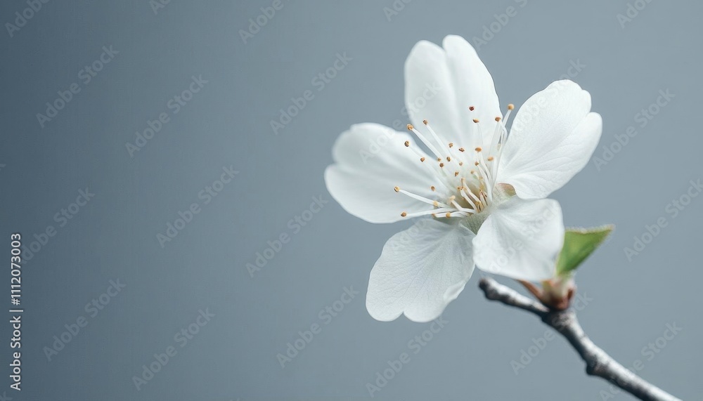 A delicate white flower on a branch against a soft gray background. A delicate white flower on a branch against a soft gray background.