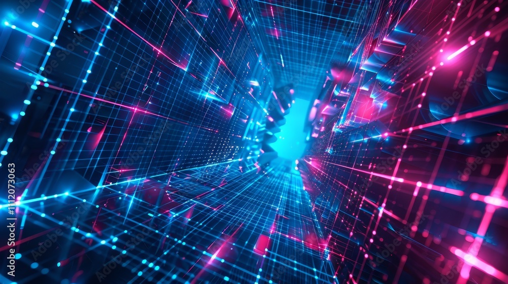 Complex gears rotating inside a futuristic tunnel, illuminated by vibrant blue and pink neon lights, forming an intricate technological grid Complex gears rotating inside a futuristic tunnel, illuminated by vibrant blue and pink neon lights, forming an intricate technological grid