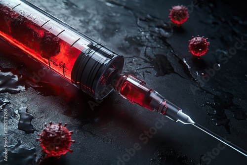 Close-up of a syringe surrounded by colorful virus particles, symbolizing vaccination and pandemic prevention. AI generated image photo