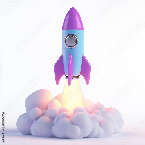 Colorful rocket launching into clouds with bright flames during a playful scene