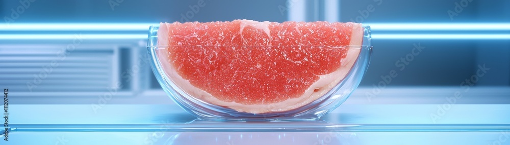 A vibrant slice of grapefruit rests in a clear bowl, illuminated by cool blue light, showcasing its juicy interior and textured surface. A vibrant slice of grapefruit rests in a clear bowl, illuminated by cool blue light, showcasing its juicy interior and textured surface.