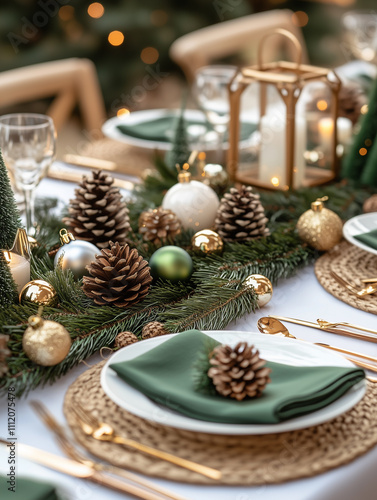 A beautifully decorated Christmas table setting with a focus on natural elements like pine cones and greenery.