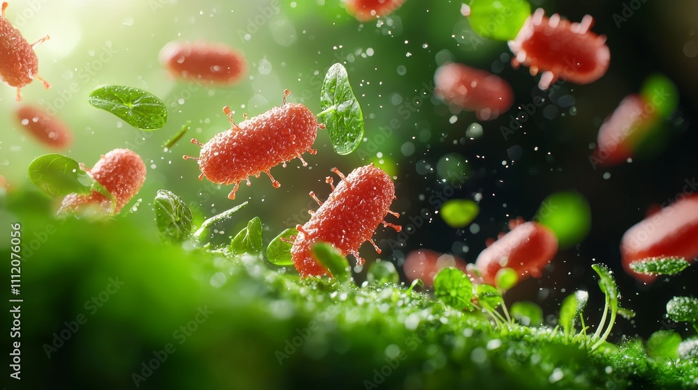 A vibrant close-up of bacteria in a lush green environment, showcasing their intricate shapes and the surrounding foliage, illuminated by soft, diffused light. A vibrant close-up of bacteria in a lush green environment, showcasing their intricate shapes and the surrounding foliage, illuminated by soft, diffused light.
