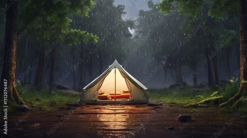 tent in the forest in night, night camping 