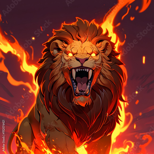 Fierce flaming lion roaring in a fiery scene fantasy landscape digital art dramatic perspective power and strength photo