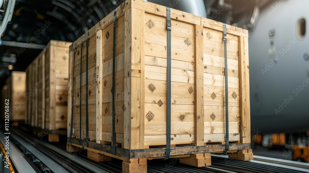 Wooden crates are loaded onto a transport aircraft, ready for shipment, showcasing efficient logistics and cargo handling. Wooden crates are loaded onto a transport aircraft, ready for shipment, showcasing efficient logistics and cargo handling.