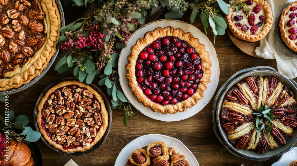 A beautifully arranged Thanksgiving dessert platter with cranberry tart, pecan pie, and pumpkin rolls in a dramatic setting A beautifully arranged Thanksgiving dessert platter with cranberry tart, pecan pie, and pumpkin rolls in a dramatic setting