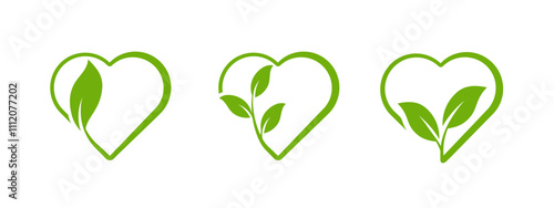 A minimalistic green heart shaped leaf icon with a clean outline, symbolizing love for nature, sustainability, and organic lifestyles, perfect for eco friendly products and stickers.