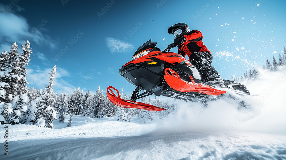Dynamic snowmobile leap captured mid-action on snow-covered terrain Dynamic snowmobile leap captured mid-action on snow-covered terrain
