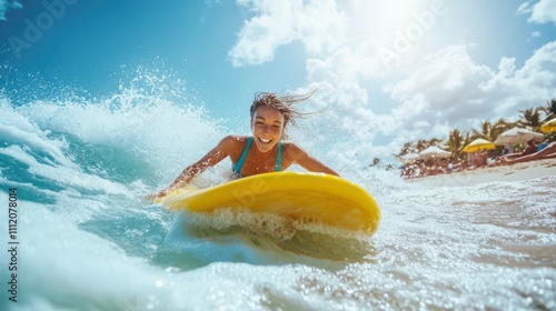 A joyful adult woman bodyboarding at a sunny beach on a warm, clear day, enjoying the waves and ocean breeze