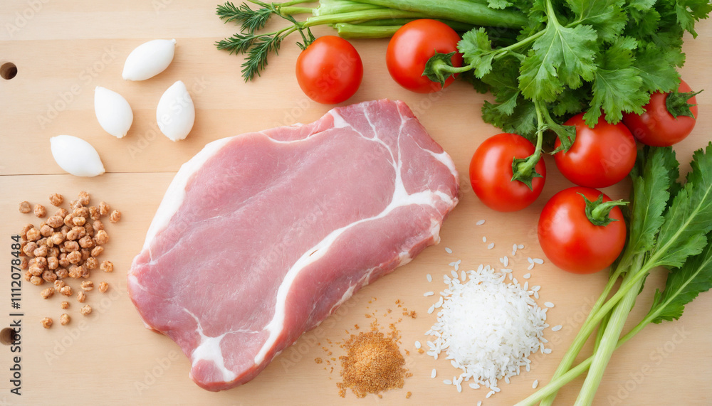 Raw pork chop and broken rice ingredients in natural style in light colors for Vietnamese cuisine with copy space Raw pork chop and broken rice ingredients in natural style in light colors for Vietnamese cuisine with copy space