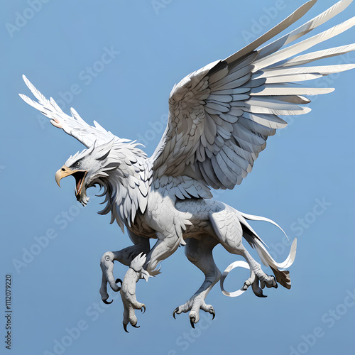 Majestic griffin soars through clear sky fantasy art outdoor setting dynamic perspective mythical creatures exploration photo