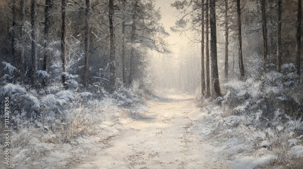 Snowy path through winter forest, tranquil scene. Snowy path through winter forest, tranquil scene.