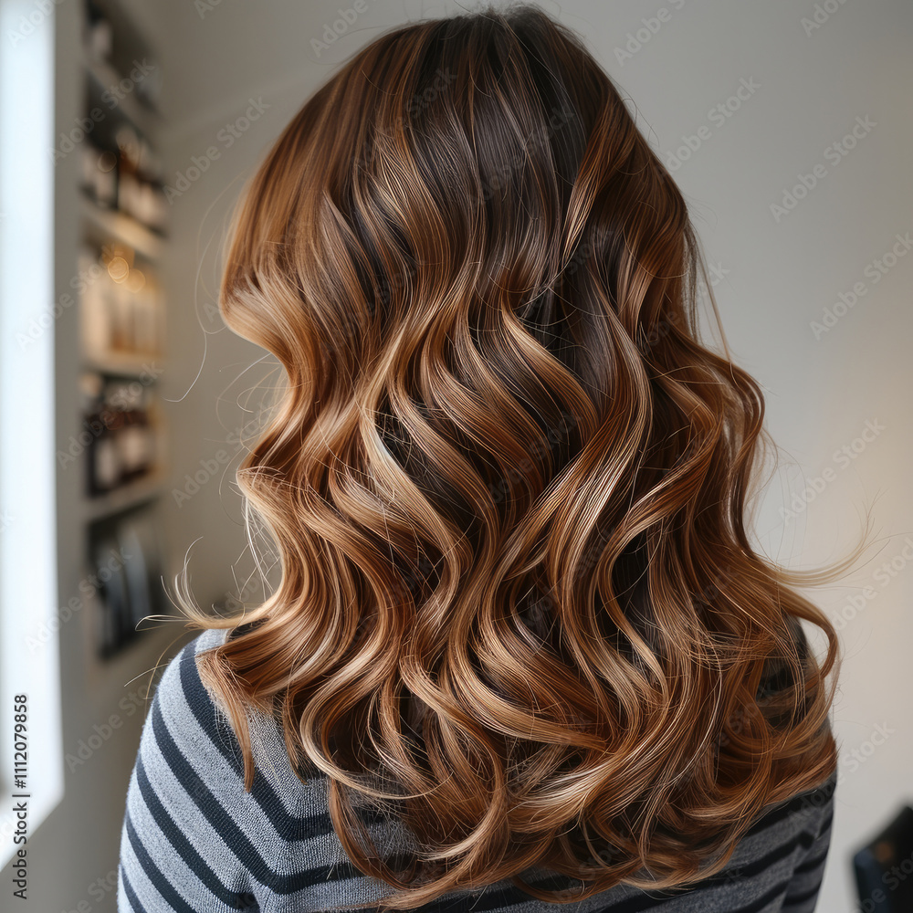 Fototapeta premium Women, caramel highlights on brown hair layering wavy hair color.