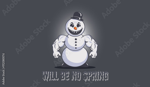 Vector cartoon scary smiling toothy snowman ugly mutant with huge muscular paws. Winter evil in bowler hat and galoshes. Will be no spring. Dark background.