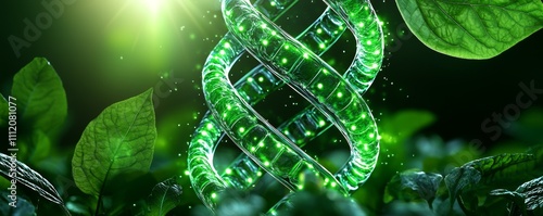 A vibrant green double helix entwined among lush leaves, symbolizing the fusion of nature and science.