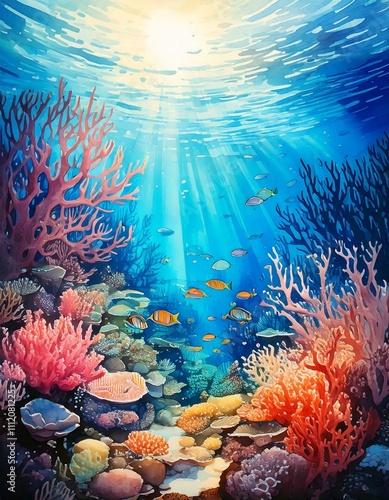 Vivid underwater scene with coral reefs, tropical fish, and soft light filtering through water, painted in watercolor