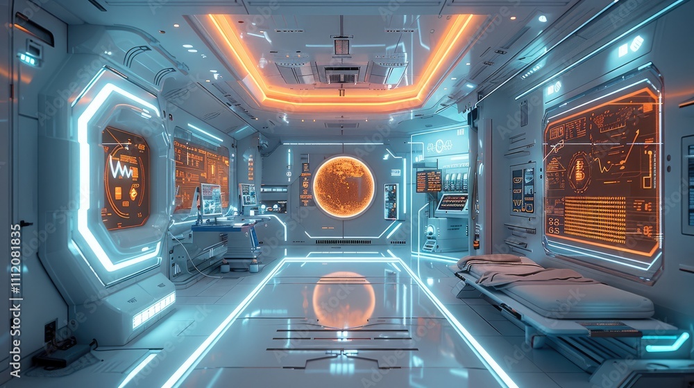 Futuristic health monitoring station, sleek and ultra-modern design with glowing holographic interfaces, transparent screens displaying real-time health data, warm blue and gold neon lighting. Futuristic health monitoring station, sleek and ultra-modern design with glowing holographic interfaces, transparent screens displaying real-time health data, warm blue and gold neon lighting.