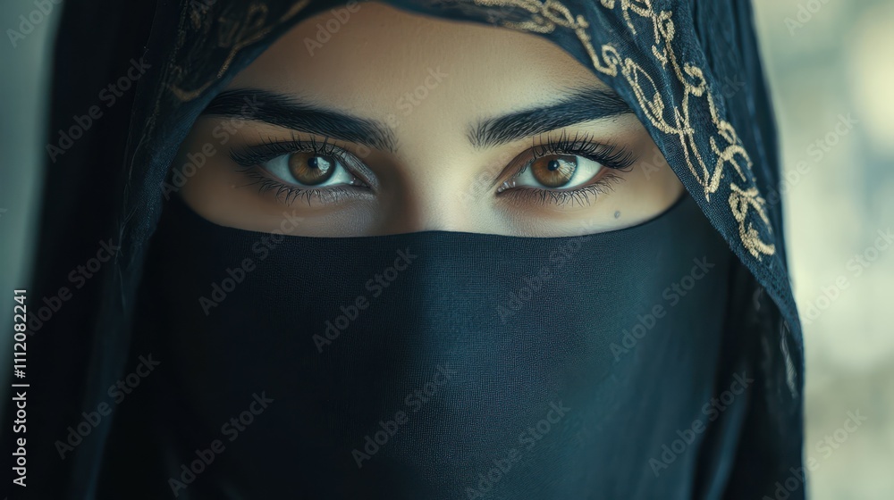 Beautiful woman with a veil covering her face, only her captivating eyes visible. Arabic royalty, queen, princess, or sorceress. Female in Niqab Beautiful woman with a veil covering her face, only her captivating eyes visible. Arabic royalty, queen, princess, or sorceress. Female in Niqab