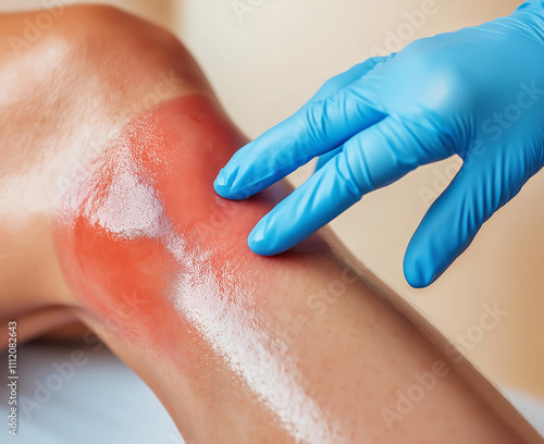 Examination of a reddened foot with signs of irritation or burns, allergies. Touching by a health care provider in the clinical setting