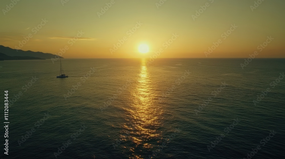 Sunset, sailboat, ocean, golden light, calm sea. Sunset, sailboat, ocean, golden light, calm sea.