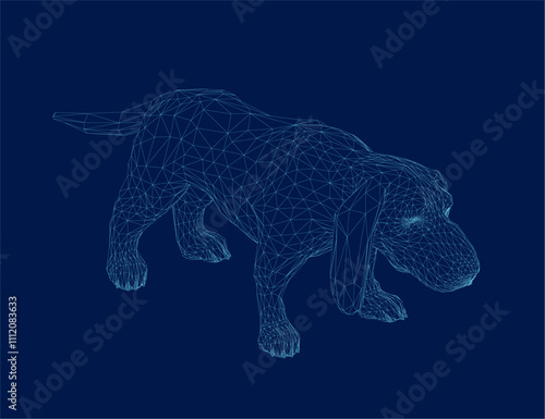 Dog breed Basset Hound. Sticker on the wall in the form of a graphic wireframe of a dog portrait. View isometric. 3D