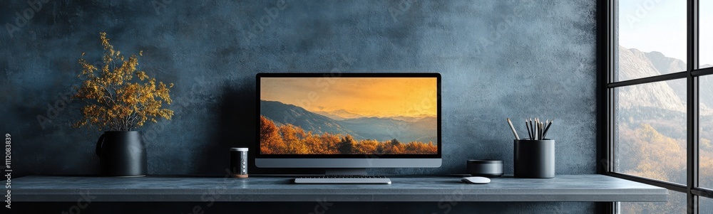 Fototapeta premium Computer monitor sitting on a desk with a vase, minimalist desk