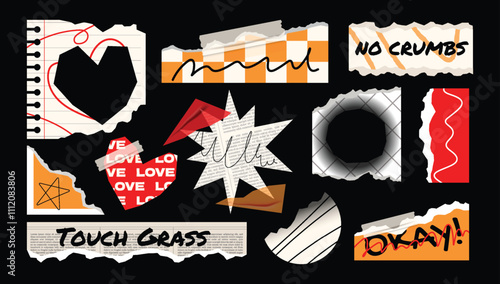 Tape paper torn wrinkles notebook, stickers, tags, labels template. Y2k gen z and millenials slang quotes