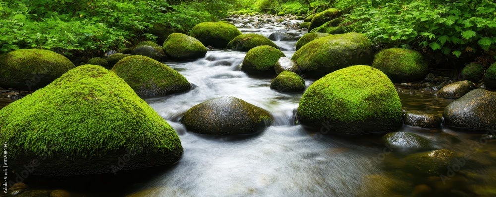 A quiet forest stream running over smooth, moss-covered boulders, surrounded by rich green foliage and soft, diffused sunlight, stream boulders mossy A quiet forest stream running over smooth, moss-covered boulders, surrounded by rich green foliage and soft, diffused sunlight, stream boulders mossy