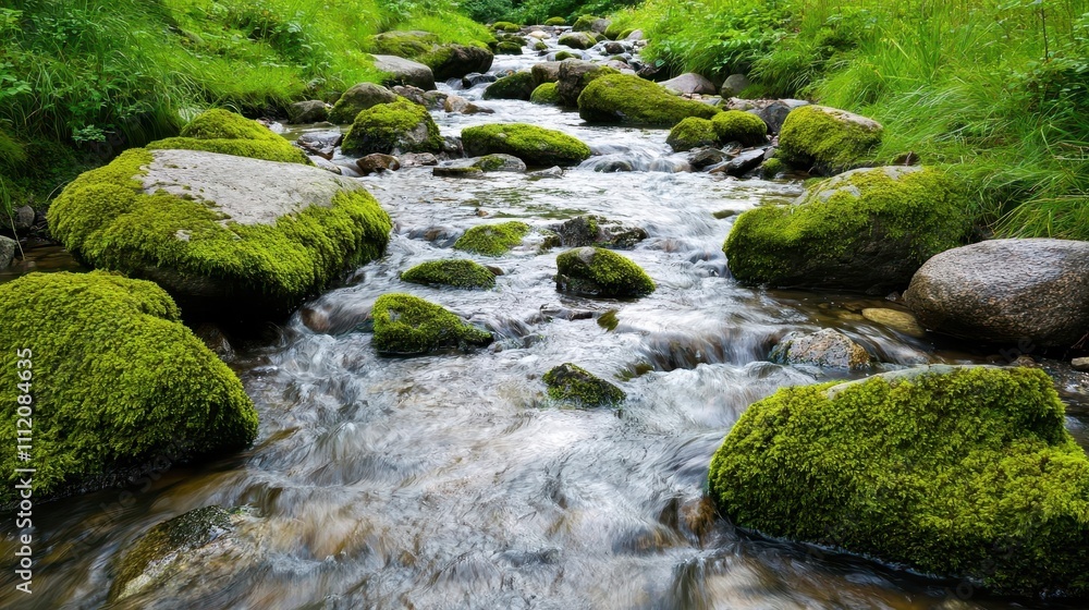 Crystal-clear stream winding through large moss-covered rocks, with vibrant greenery all around and soft light dancing on the water's surface, stream boulders mossy Crystal-clear stream winding through large moss-covered rocks, with vibrant greenery all around and soft light dancing on the water's surface, stream boulders mossy