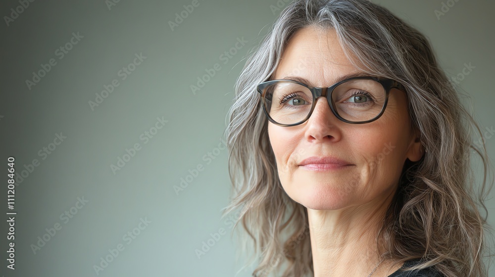 Fototapeta premium A woman with gray hair and glasses looks confidently at the camera.