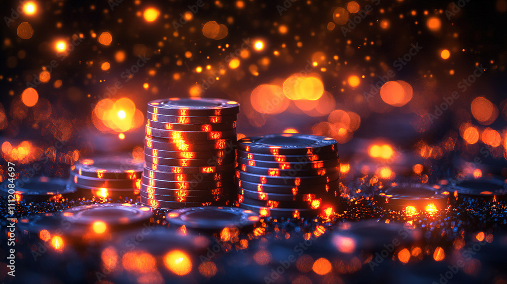 Stacks of coins surrounded by glowing sparks on a dark surface create a captivating financial ambiance at night. Generative AI Stacks of coins surrounded by glowing sparks on a dark surface create a captivating financial ambiance at night. Generative AI