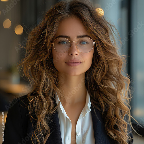 Businesswoman wearing a official suit and a white blouse middle aged in round glasses with long curly brown hair. photo