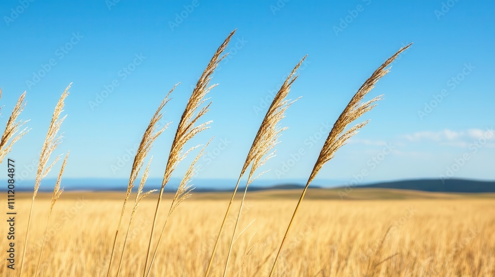 Fototapeta premium Expansive plateau with golden grass swaying in the breeze, vast blue sky on the horizon, and rolling hills in the distance, plateau grass horizon