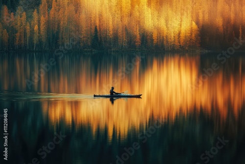 A lone kayaker paddles across a serene lake  reflecting the fiery autumnal forest.