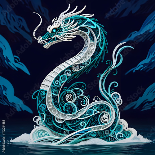 Majestic dragon emerges from ocean waves fantasy art night scene digital illustration enigmatic and inspiring