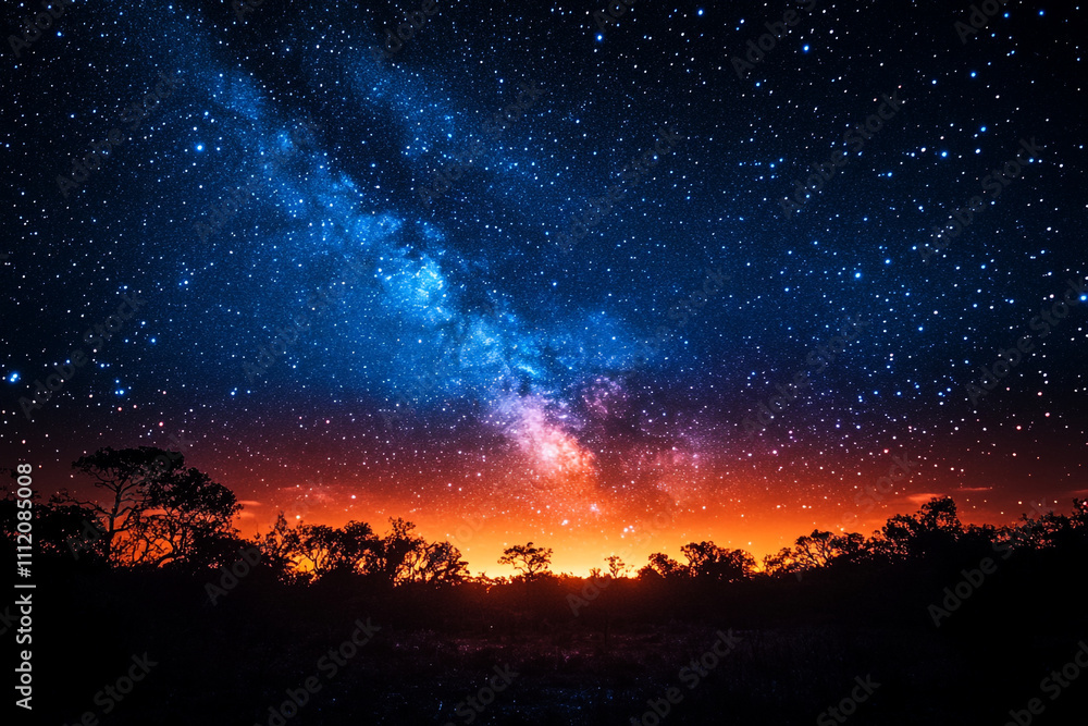 Majestic Milky Way Galaxy Over Silhouetted Trees at Sunset Majestic Milky Way Galaxy Over Silhouetted Trees at Sunset