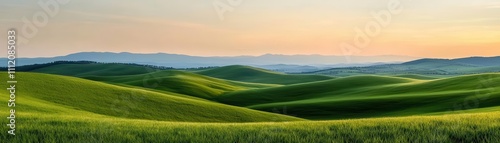 Grassy plateau with soft rolling hills, a distant horizon blending into the sky, and the warm glow of the setting sun, plateau grass horizon