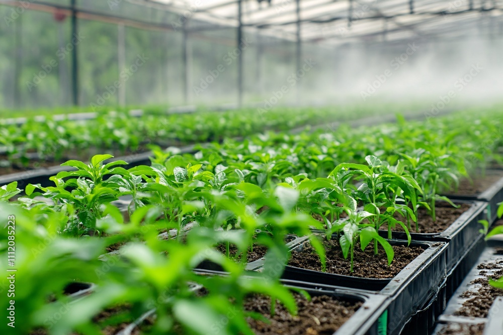 A lush greenhouse filled with young plants growing in trays, surrounded by mist, showcasing a vibrant and healthy environment for plant cultivation. A lush greenhouse filled with young plants growing in trays, surrounded by mist, showcasing a vibrant and healthy environment for plant cultivation.