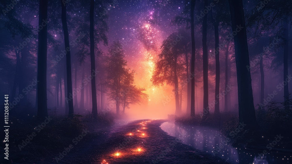 Magical forest path at night with glowing lights and starry sky. Magical forest path at night with glowing lights and starry sky.