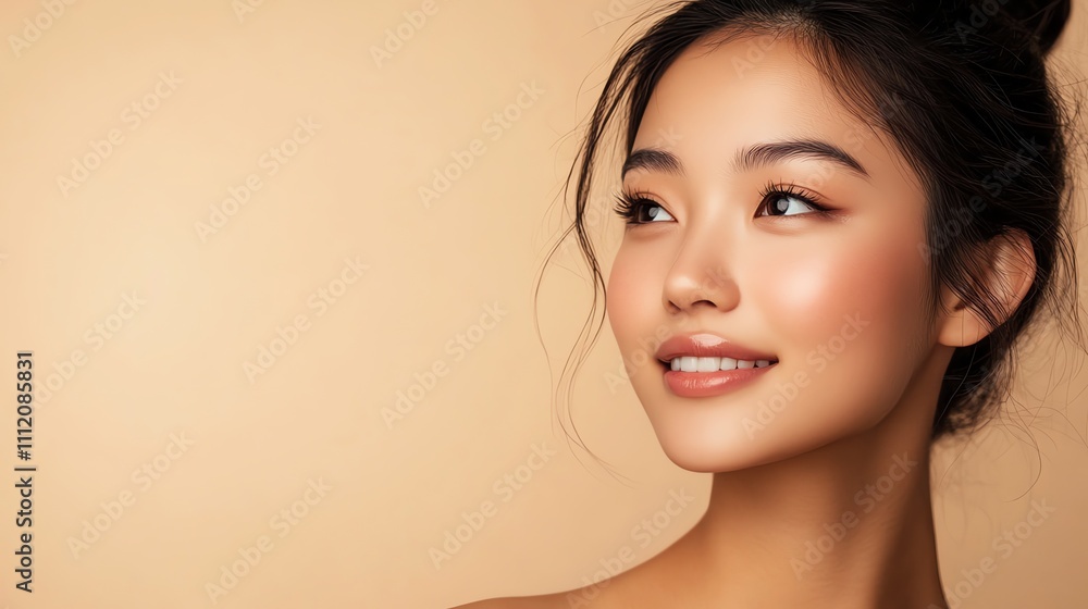Naklejka premium A young woman with long black hair looks over her shoulder and smiles.