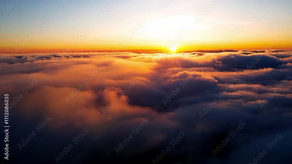 Hyperlapse flight through the orange clouds at sunset . Hyperlapse flight through the orange clouds at sunset .